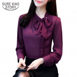 New bow neck women's clothing spring long-sleeved chiffon women blouse shirt solid purple formal women tops blusas D304 30