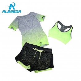 ALBREDA New Women Yoga Sport Suit Bra Set 3 Piece Female Short-sleeved Summer Sportswear Running Fitness Training Clothing