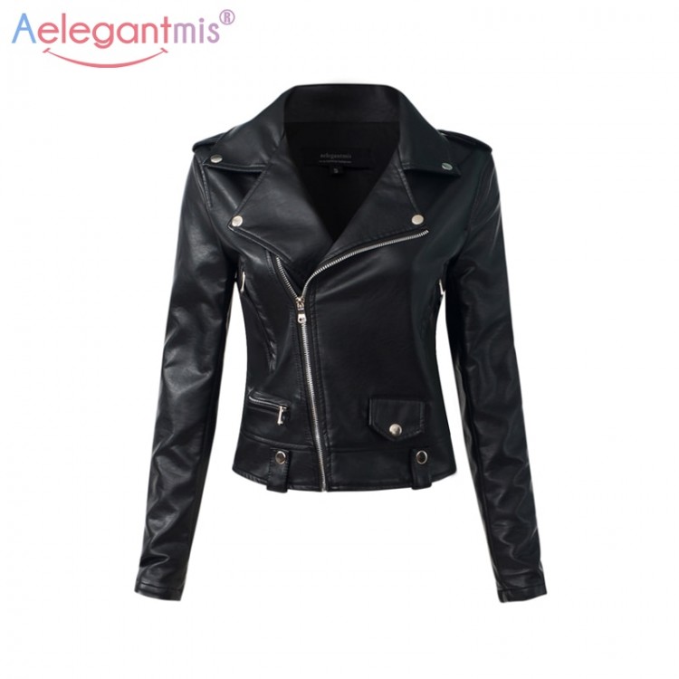 Aelegantmis Casual PU Leather Jacket Women Classic Zipper Short ...