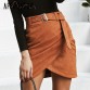 Affogatoo High waist suede leather skirts Autumn winter belt ruched bodycon skirt Women asymmetric short skirts female