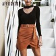 Affogatoo High waist suede leather skirts Autumn winter belt ruched bodycon skirt Women asymmetric short skirts female