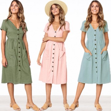 Anteef cotton v-neck plus size women casual loose summer dress vestidos femininos clothes 2019 dresses 