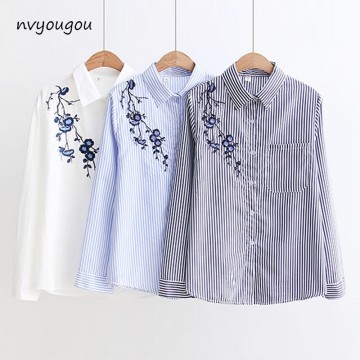 Autumn Floral Embroidery White Long Sleeve Women Blouses Blue Striped Shirt Cotton Casual Women Tops blusas mujer de moda32842980309