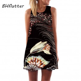 BHflutter Women Dress New Arrival Rose Print Sleeveless Summer Dress O neck Casual Loose Mini Chiffon Dresses Vestidos