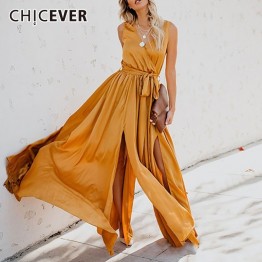 CHICEVER 2019 Spring Summer Women's Dress V Neck Sleeveless High Waist Bow Lace Up Split Dresses Fashion Clothes New