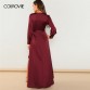 COLROVIE Burgundy V-Neck Belted Wrap Asymmetric Party Maxi Dress Women Clothing 2019 Spring Green Long Sleeve High Waist Dress32966071184