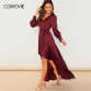 COLROVIE Burgundy V-Neck Belted Wrap Asymmetric Party Maxi Dress Women Clothing 2019 Spring Green Long Sleeve High Waist Dress