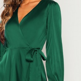 COLROVIE Burgundy V-Neck Belted Wrap Asymmetric Party Maxi Dress Women Clothing 2019 Spring Green Long Sleeve High Waist Dress