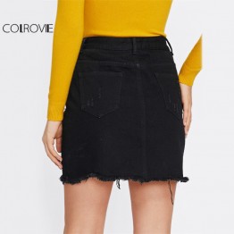 COLROVIE Pearl Detail Ripped Skirt Women Black Cut Hem Cute Denim A Line Skirts Fashion Spring Fall Girls Casual Skirt