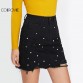 COLROVIE Pearl Detail Ripped Skirt Women Black Cut Hem Cute Denim A Line Skirts Fashion Spring Fall Girls Casual Skirt