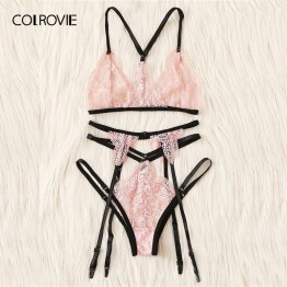 COLROVIE Pink Harness Garter Lace Sexy Intimates Women Lingerie Set 2019 Wireless Cute Transparent Ladies Underwear Bra Set