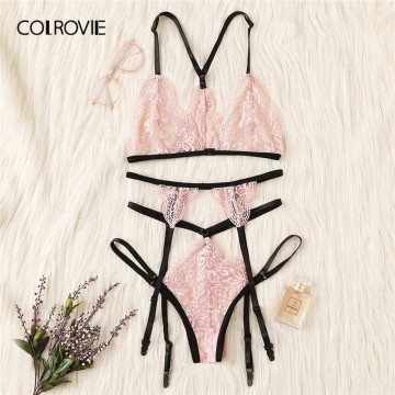 COLROVIE Pink Harness Garter Lace Sexy Intimates Women Lingerie Set 2019 Wireless Cute Transparent Ladies Underwear Bra Set32965855066