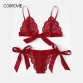 COLROVIE Red Christmas Scalloped Trim Tie Side Sexy Lingerie Set 2019 Wireless Ribbon Intimates Transparent Underwear Bra Set