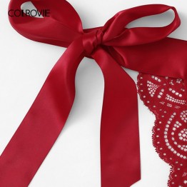 COLROVIE Red Christmas Scalloped Trim Tie Side Sexy Lingerie Set 2019 Wireless Ribbon Intimates Transparent Underwear Bra Set
