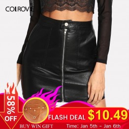 COLROVIE Spring Plain Faux Leather Skirt Black Mid Waist Zip Front Sexy PU Skirt Women Elegant Sheath Above Knee Mini Skirt