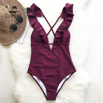 CUPSHE Burgundy Heart Attack Falbala One-piece Swimsuit Women Ruffle V-neck Monokini 2019 New Girls Beach Bathing Suit Swimwear32862559875