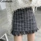 Colorfaith Women Woolen Mini Skirt Autumn Winter Vintage Straight Plaid Tassel Skater Skirt High Waist Femininas SK558332834905471