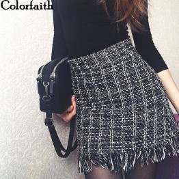 Colorfaith Women Woolen Mini Skirt Autumn Winter Vintage Straight Plaid Tassel Skater Skirt High Waist Femininas SK5583