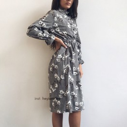 Corduroy High Elastic Waist Vintage Dress A-line Style Women Full Sleeve Flower Plaid Print Dresses Slim Feminino 18 Colors