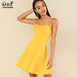 Dotfashion Yellow Criss Cross Open Back Sexy Dresses Party Night Club 2019 Women Clothes Summer High Waist Sleeveless Slip Dress