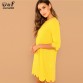 Dotfashion Yellow Scallop Edge Tunic Womens Dresses New Arrival 2019 Clothes Autumn Casual Plain 3/4 Sleeve Straight Short Dress