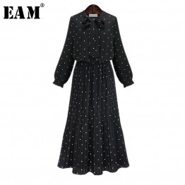 [EAM] 2019 New Spring  Round Neck Long Sleeve Solid Black Chiffon Dot Loose Big Size Dress Women Fashion Tide JA23601M