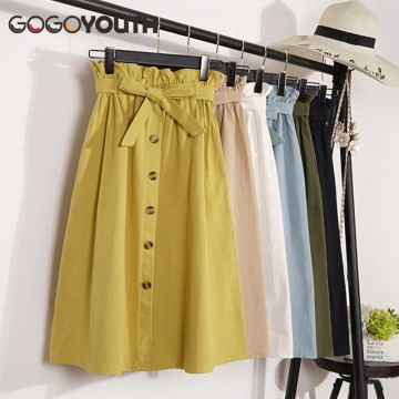 Gogoyouth Summer Autumn Skirts Womens Midi Knee Length Korean Elegant Button High Waist Skirt Female Pleated School Skirt32891230549