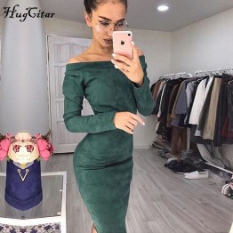 Hugcitar Suede Long Sleeve off shoulder Women mid-calf Dress Autumn Winter Female sexy Bodycon new year party Dresses