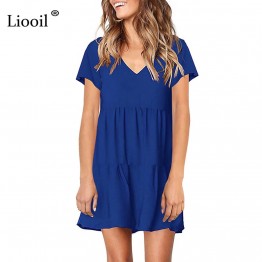 Liooil Black Blue Casual Loose Mini Dress Women Clothes 2019 Summer Dress Fashion Short Sleeve V Neck Party Sexy Short Dresses