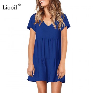 Liooil Black Blue Casual Loose Mini Dress Women Clothes 2019 Summer Dress Fashion Short Sleeve V Neck Party Sexy Short Dresses32961095828