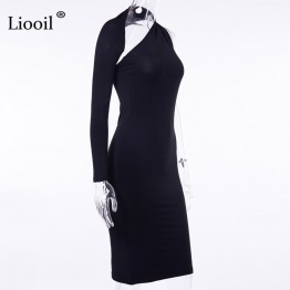 Liooil Sexy Black Midi Dress Women Clothes 2019 Spring One Shoulder Long Sleeve High Waist Asymmetrical Party Bodycon Dresses