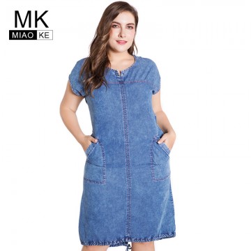 Miaoke 2019 Summer ladies Plus Size denim dress for women clothes Round Neck Pockets elegant  4xl 5xl 6xl Large Size party Dress32881110624