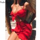 Nadafair Two Pieces Set Women Ruffles Bow Casual Beach Summer Dress Red Off Shoulder Sexy Club Bodycon Wrap Mini Party Dress