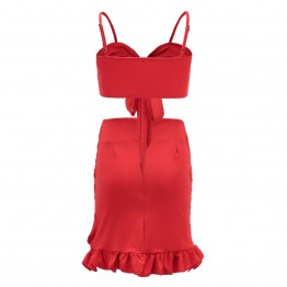 Nadafair Two Pieces Set Women Ruffles Bow Casual Beach Summer Dress Red Off Shoulder Sexy Club Bodycon Wrap Mini Party Dress