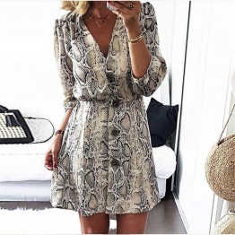New Arrival 2018 Women Fall High Street Style A-line Casual Dress Autumn Snakeskin Printed Half Sleeve Button Party Dresses
