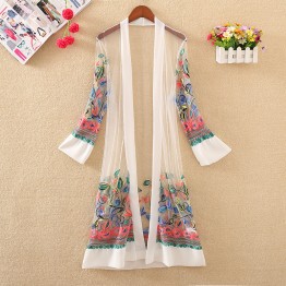 New Women Floral Embroidered Long Jacket Summer Net Cardigan Casual Long Sleeved Thin Coats Ladies Vintage Beach White Outerwear