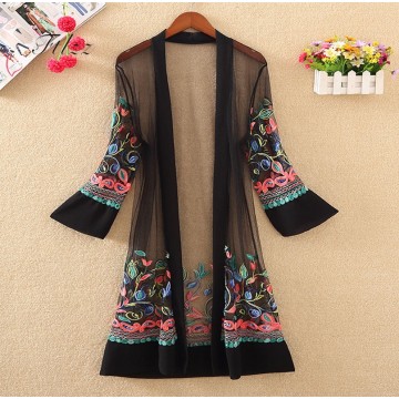 New Women Floral Embroidered Long Jacket Summer Net Cardigan Casual Long Sleeved Thin Coats Ladies Vintage Beach White Outerwear32876354584