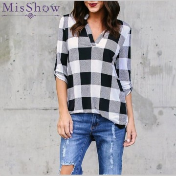 Plus Size 5XL Stand Neck Long Sleeve Grid Women Blouse Plaid Shirts Vintage Women Tops and Blouses Loose Lattice Blusa Feminina32890133300