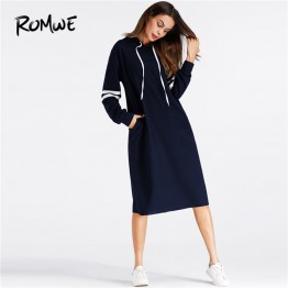 ROMWE Navy Pocket Varsity Striped Hoodie Dress Women Casual 2019 Autumn Hooded Long Sleeve Clothing Knee Length Sweatshirt Dress