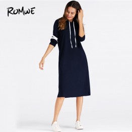 ROMWE Navy Pocket Varsity Striped Hoodie Dress Women Casual 2019 Autumn Hooded Long Sleeve Clothing Knee Length Sweatshirt Dress