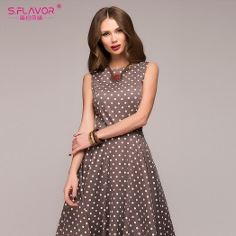 S.FLAVOR Vintage dress Summer New sleeveless O-neck vestidos Women elegant thin dot printing Mid-Calf casual dress Female