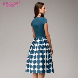 S.FLAVOR Vintage women wave point dress Hot Sale short sleeve patchwork A-line short dress Casual women Spring Summer vestidos