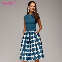 S.FLAVOR Vintage women wave point dress Hot Sale short sleeve patchwork A-line short dress Casual women Spring Summer vestidos