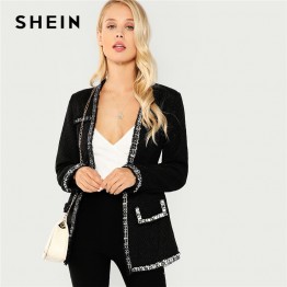 SHEIN Black Elegant Highstreet Open Front Frayed Edge Solid Fashion Jacket Autumn Office Lady Women Coat And Outerwear
