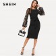 SHEIN Black Party Elegant Flower Applique Contrast Mesh Sleeve Form Fitting Belted Solid Dress Autumn Women Streetwear Dresses32906189605