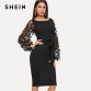 SHEIN Black Party Elegant Flower Applique Contrast Mesh Sleeve Form Fitting Belted Solid Dress Autumn Women Streetwear Dresses 