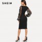 SHEIN Black Party Elegant Flower Applique Contrast Mesh Sleeve Form Fitting Belted Solid Dress Autumn Women Streetwear Dresses 