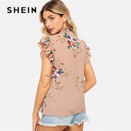 SHEIN Flounce Shoulder Tied Neck Floral Blouse Pink Ruffle Sleeveless Chiffon Blouses Women Summer Casual Elegant Tops