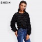SHEIN Fringe Patch Mesh Top Sexy Autumn Womens Tops and Blouses Black Long Sleeve Round Neck Elegant Womens Tops
