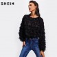 SHEIN Fringe Patch Mesh Top Sexy Autumn Womens Tops and Blouses Black Long Sleeve Round Neck Elegant Womens Tops32835230784